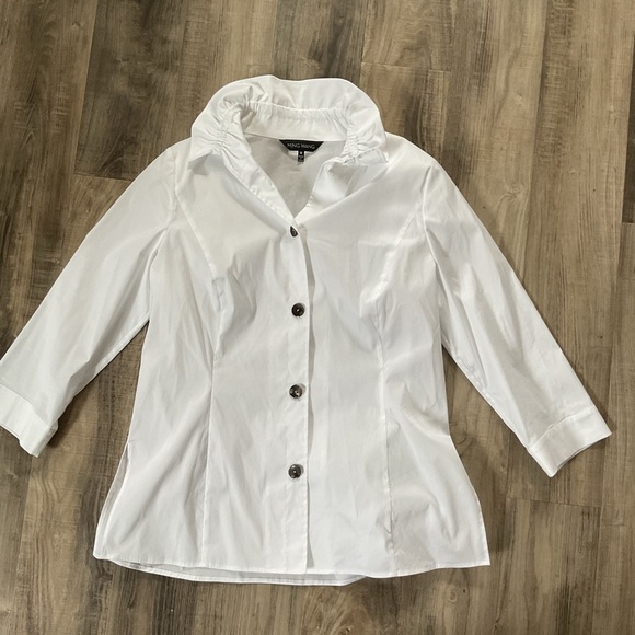 MING WANG $215 NWOT  M Cotton Ruffle Collar Button Front Blouse Jacket White - Picture 2 of 7